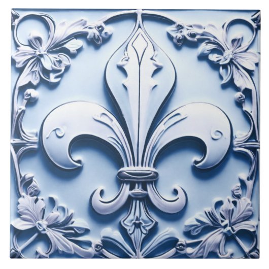Fleur de Lis Antiek Lichtblauw Faux Relief Tegeltje (Voorkant)