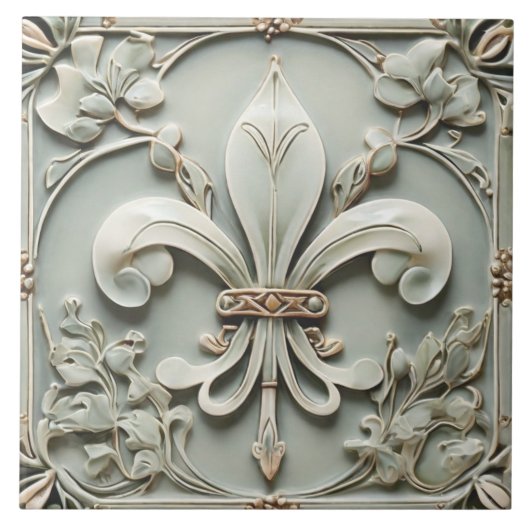 Fleur de Lis  Antiek Mint Faux Relief Tegeltje (Voorkant)