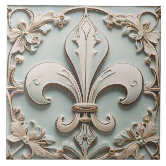 Fleur de Lis Antiek Pastel Light Mint Faux Relief Tegeltje (Voorkant)