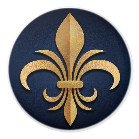 Fleur-De-Lis - Art Deco - Blauw en Goud Keramische Knop (Voorkant)