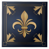 Fleur-De-Lis - Art Deco - Blauw en Goud Tegeltje (Voorkant)