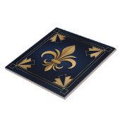 Fleur-De-Lis - Art Deco - Blauw en Goud Tegeltje (Zijkant)