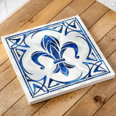 Fleur-De-Lis - Art Nouveau - Blauw Marmer en parel Tegeltje