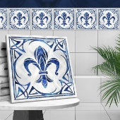 Fleur-De-Lis - Art Nouveau - Blauw Marmer en parel Tegeltje