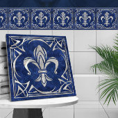 Fleur-De-Lis - Art Nouveau - Blauw Marmer en parel Tegeltje
