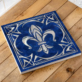 Fleur-De-Lis - Art Nouveau - Blauw Marmer en parel Tegeltje