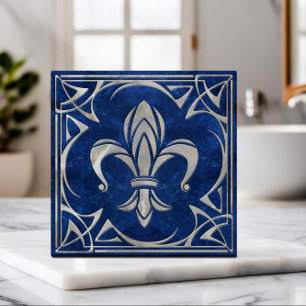 Fleur-De-Lis - Art Nouveau - Blauw Marmer en parel Tegeltje