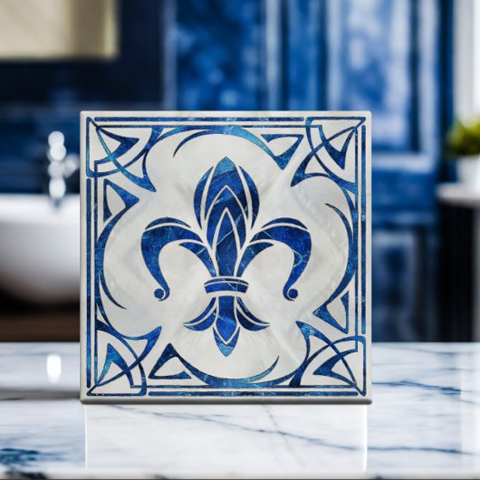 Fleur-De-Lis - Art Nouveau - Blauw Marmer en parel Tegeltje