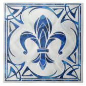 Fleur-De-Lis - Art Nouveau - Blauw Marmer en parel Tegeltje (Voorkant)