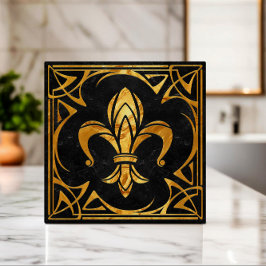Fleur-De-Lis - Art Nouveau - Zwart Marmer en Goud Tegeltje