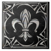 Fleur-De-Lis - Art Nouveau - Zwart Marmer en Parel Tegeltje (Voorkant)