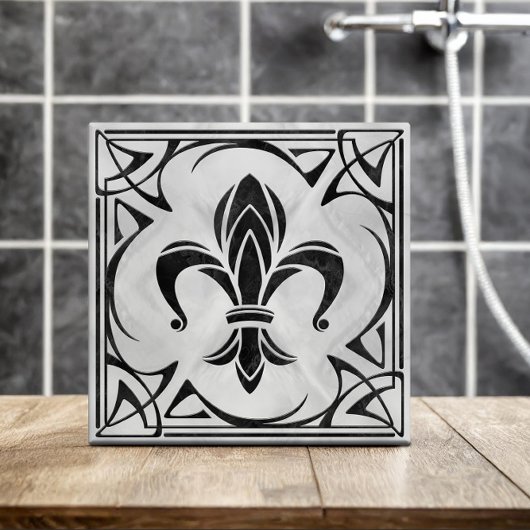 Fleur-De-Lis - Art Nouveau - Zwart Marmer en Parel Tegeltje