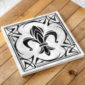 Fleur-De-Lis - Art Nouveau - Zwart Marmer en Parel Tegeltje