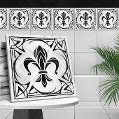 Fleur-De-Lis - Art Nouveau - Zwart Marmer en Parel Tegeltje
