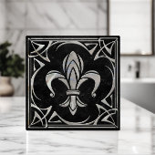 Fleur-De-Lis - Art Nouveau - Zwart Marmer en Parel Tegeltje