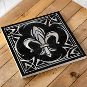 Fleur-De-Lis - Art Nouveau - Zwart Marmer en Parel Tegeltje