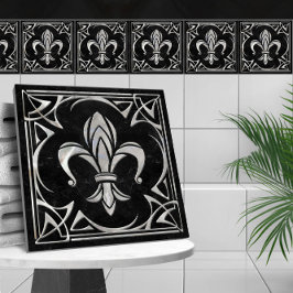 Fleur-De-Lis - Art Nouveau - Zwart Marmer en Parel Tegeltje
