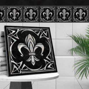 Fleur-De-Lis - Art Nouveau - Zwart Marmer en Parel Tegeltje