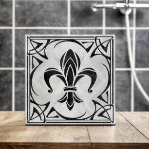 Fleur-De-Lis - Art Nouveau - Zwart Marmer en Parel Tegeltje