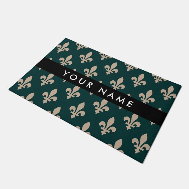 Fleur de Lis, Beige on Green, Royal, Your Name Deurmat (Schuin)