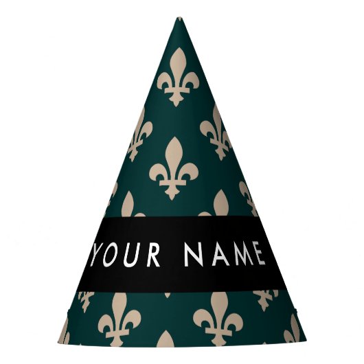 Fleur de Lis, Beige on Green, Royal, Your Name Feesthoedjes (Voorkant)
