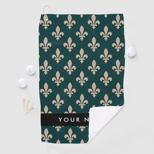 Fleur de Lis, Beige on Green, Royal, Your Name Golfhanddoek (Insitu)