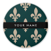 Fleur de Lis, Beige on Green, Royal, Your Name Keramische Knop (Voorkant)