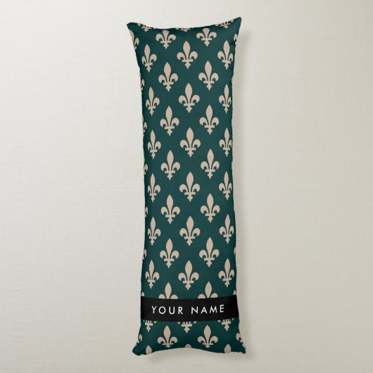 Fleur de Lis, Beige on Green, Royal, Your Name Lichaamskussen (Achterkant (Verticaal))