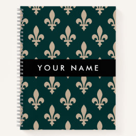 Fleur de Lis, Beige on Green, Royal, Your Name Notitieboek