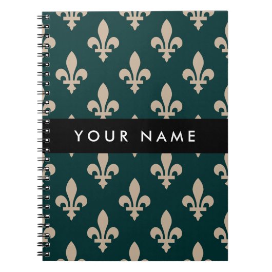 Fleur de Lis, Beige on Green, Royal, Your Name Notitieboek (Voorkant)