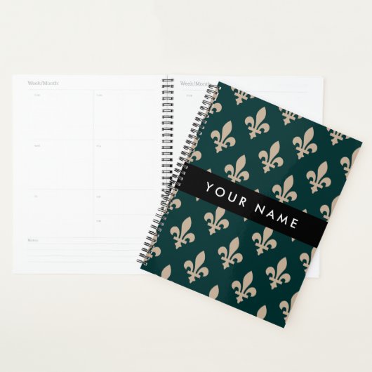 Fleur de Lis, Beige on Green, Royal, Your Name Planner (Display)