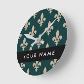 Fleur de Lis, Beige on Green, Royal, Your Name Ronde Klok (Hoek)