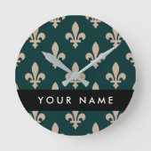 Fleur de Lis, Beige on Green, Royal, Your Name Ronde Klok (Voorkant)