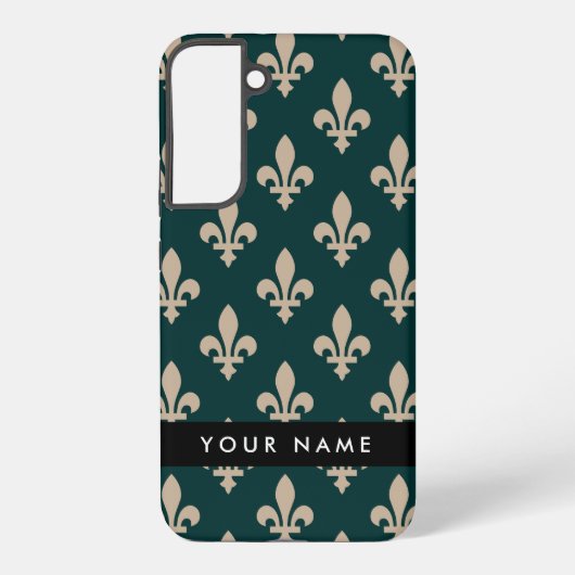 Fleur de Lis, Beige on Green, Royal, Your Name Samsung Galaxy Hoesje (Achterkant)