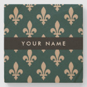Fleur de Lis, Beige on Green, Royal, Your Name Stenen Onderzetter (Voorkant)