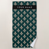 Fleur de Lis, Beige on Green, Royal, Your Name Strandlaken (Voorkant)