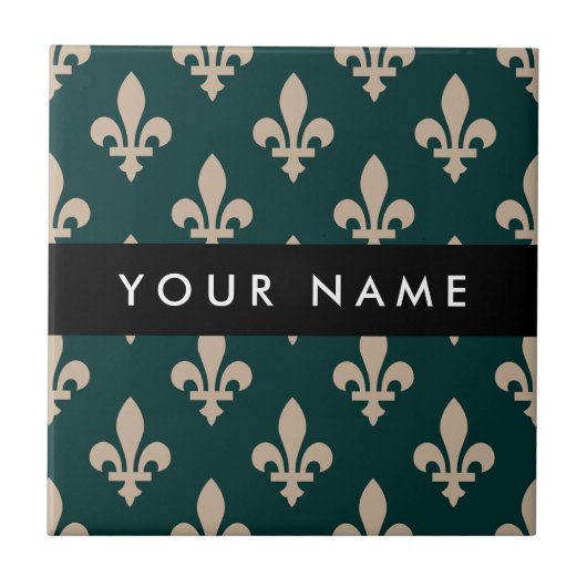 Fleur de Lis, Beige on Green, Royal, Your Name Tegeltje (Voorkant)