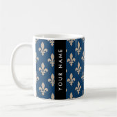Fleur de Lis, Beige on Navy Blue, Royal, Your Name Koffiemok (Links)