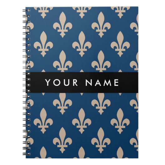 Fleur de Lis, Beige on Navy Blue, Royal, Your Name Notitieboek (Voorkant)