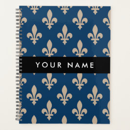 Fleur de Lis, Beige on Navy Blue, Royal, Your Name Planner