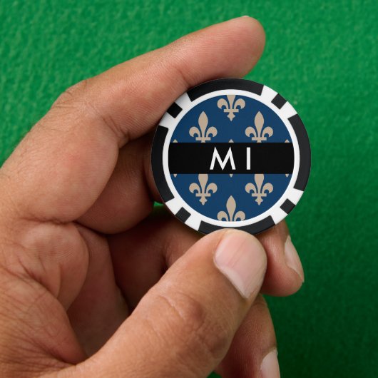 Fleur de Lis, Beige on Navy Blue, Royal, Your Name Poker Chips (Hand)