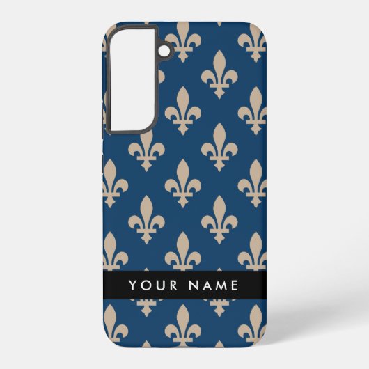 Fleur de Lis, Beige on Navy Blue, Royal, Your Name Samsung Galaxy Hoesje (Achterkant)