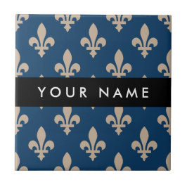 Fleur de Lis, Beige on Navy Blue, Royal, Your Name Tegeltje