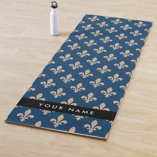 Fleur de Lis, Beige on Navy Blue, Royal, Your Name Yogamat (In situ)