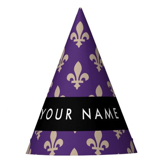 Fleur de Lis, Beige on Purple, Royal, Your Name Feesthoedjes (Voorkant)