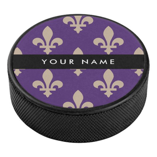Fleur de Lis, Beige on Purple, Royal, Your Name Hockey Puck (3/4)