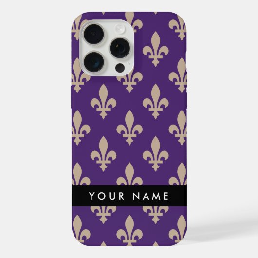 Fleur de Lis, Beige on Purple, Royal, Your Name iPhone Hoesje (Achterkant)