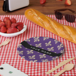 Fleur de Lis, Beige on Purple, Royal, Your Name Papieren Bordje