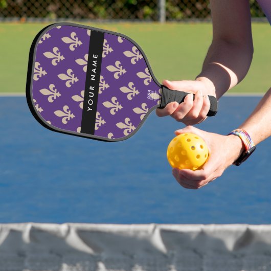 Fleur de Lis, Beige on Purple, Royal, Your Name Pickleball Paddle (Insitu)