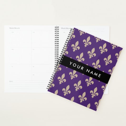 Fleur de Lis, Beige on Purple, Royal, Your Name Planner (Display)